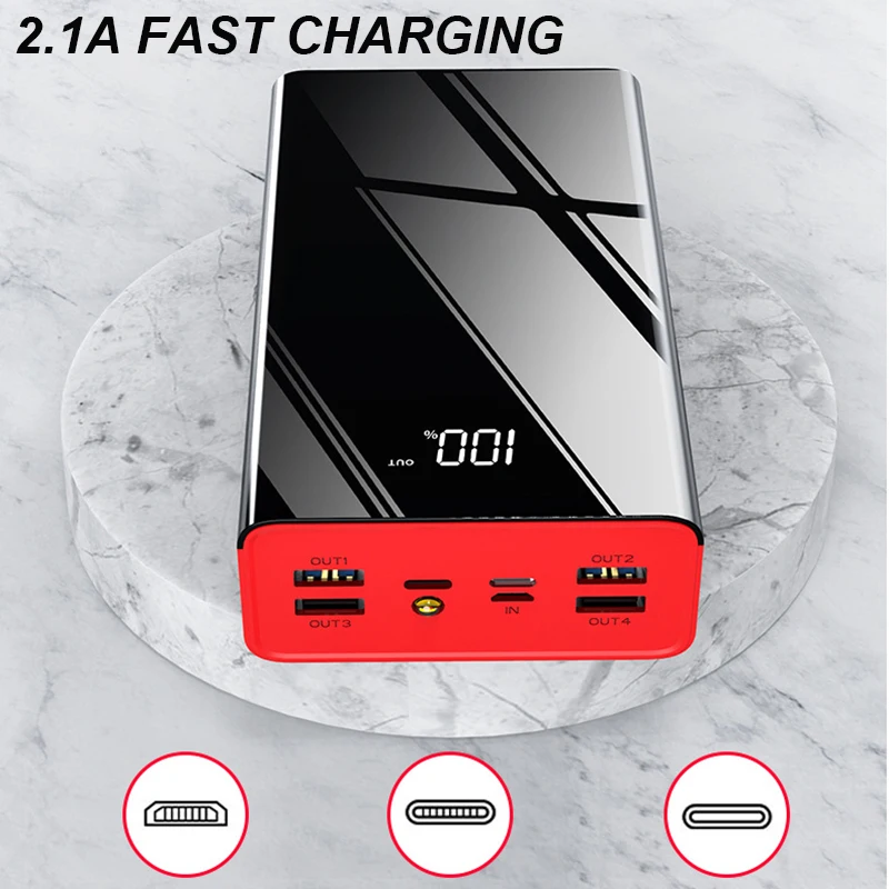  40000mAh espejo Banco de la energía LED pantalla Digital PowerBank 2.1A carga rápida 4 USB cargador