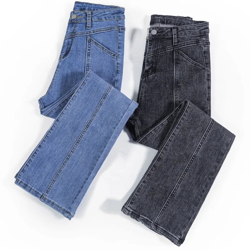 

Женские джинсы с завышенной талией, черные Однотонные эластичные расклешенные брюки из денима, модель 2021 на весну, 833