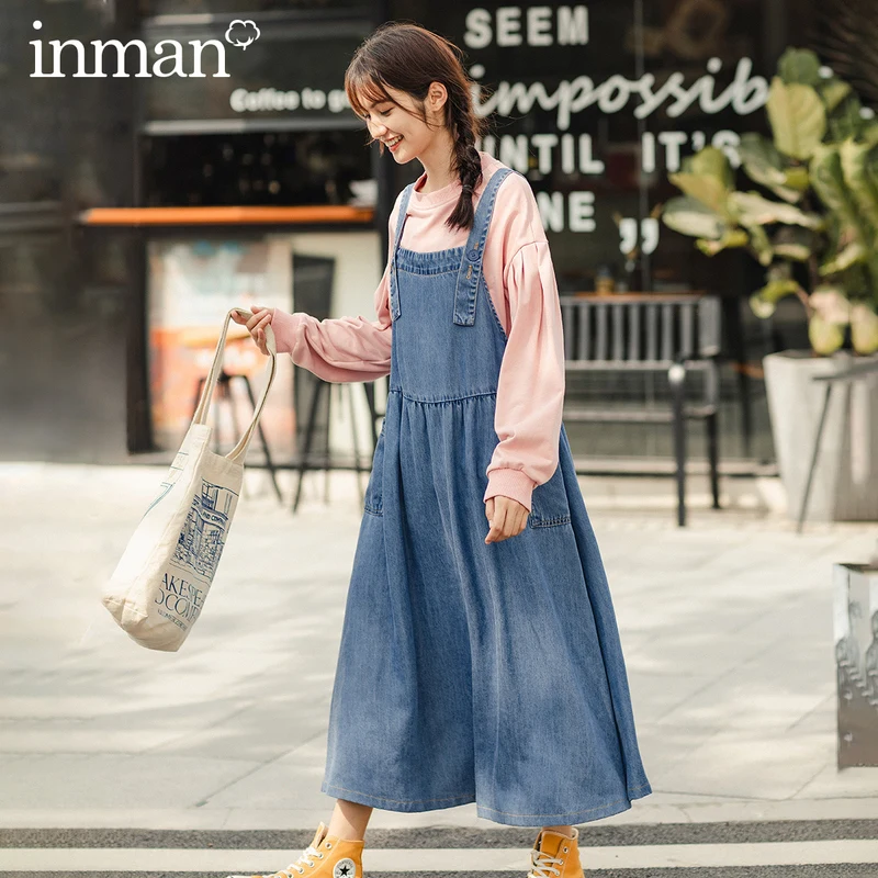 

INMAN 2020 Spring New Arriavl Literary Leisure Loose Big Lower Hem Two Pockets Suspender Dress