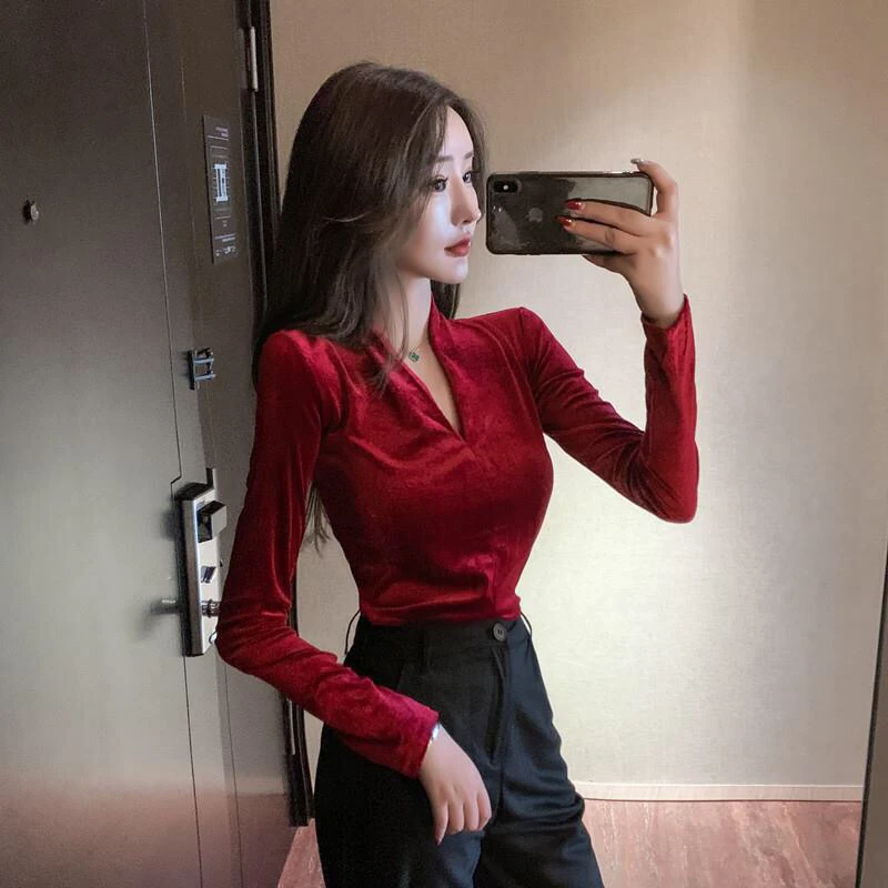 2020 Spring Women V Neck Long Sleeve T Shirt Velour Sexy High Quality Velvet Tops Tees Solid Color Slim Shirts Burgundy | Женская одежда
