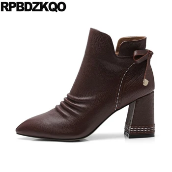 

designer shoes women luxury 2019 short genuine leather pointed toe booties brown block chunky boots high heel autumn handmade