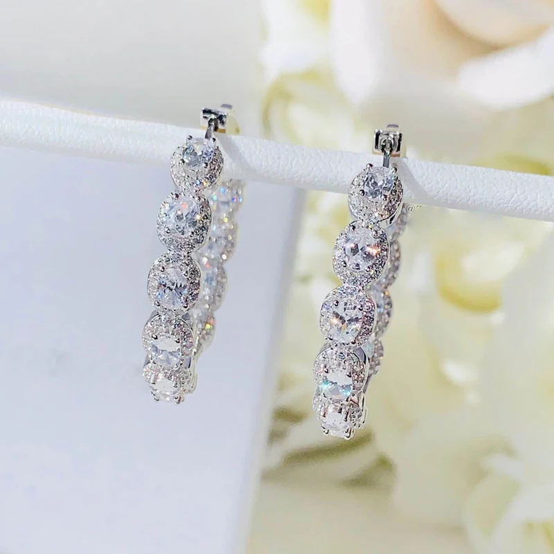 

High Quality 35mm Big Hoop Rectangle Oval CZ Earrings Full Iced Out Bling Cubic Zirconia Hip Hop Fashion Jewelry For Women Girl