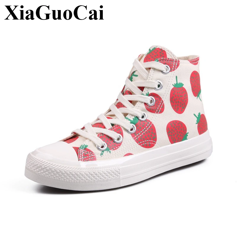 

New Women High Top Canvas Shoes Lace-up Sneakers with Fruit Print Breathable Adult Female Skate Footwear Student Flat Shoes Soft