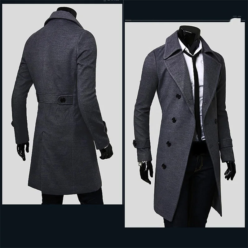 Зимний Тренч, мужская длинная куртка в английском стиле, Высококачественная шерстяная тонкая мужская ветровка с отворотом, однотонное пальто