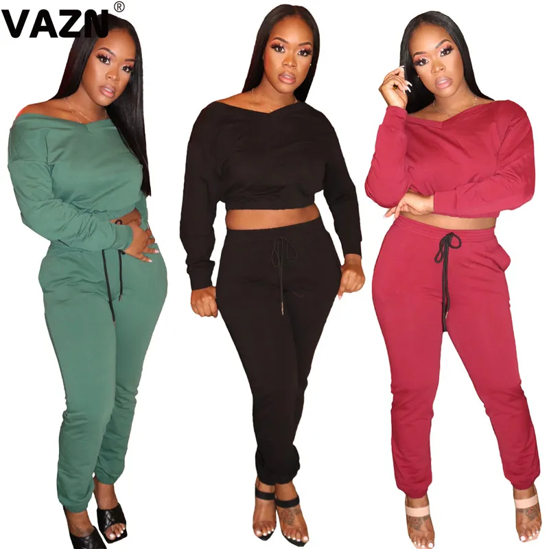 VAZN Solid popular 2020 early autumn sexy lady 3 colors 2-piec elong set full sleeve V-neck tees long pants young casual |