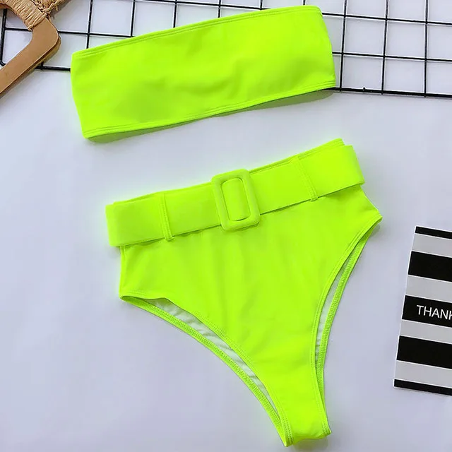 B834Green Сексуальный неоновый зеленый купальник, бикини с высокой талией,, женские стринги, купальник, Женский комплект бикини из двух частей, с пряжкой и поясом, купальный костюм - Цвет: B834Green