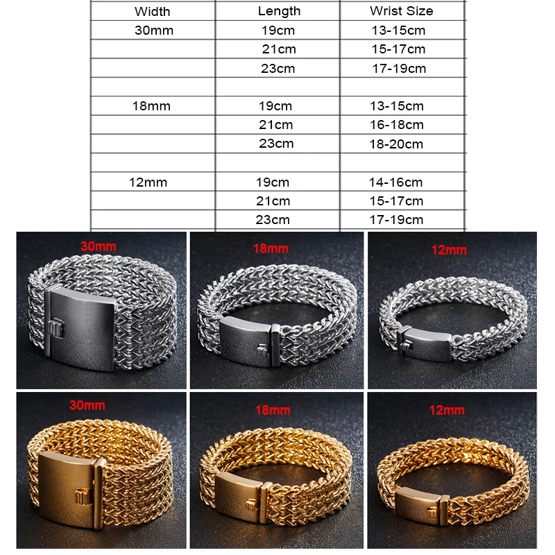 12mm 18m 30mm Stainless Steel Link Chain Bracelet High Polished Gold Color Mesh Bracelets For Men Cool Jewelry  Gifts