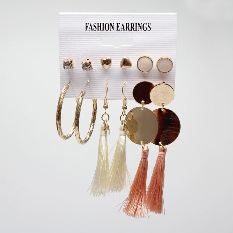 Серьга Boho длинной кисточкой Комплект сережек для женщин Подвески для девушки брелок геометрические серьги-капельки Для женщин, серьги-кольца, модные ювелирные украшения