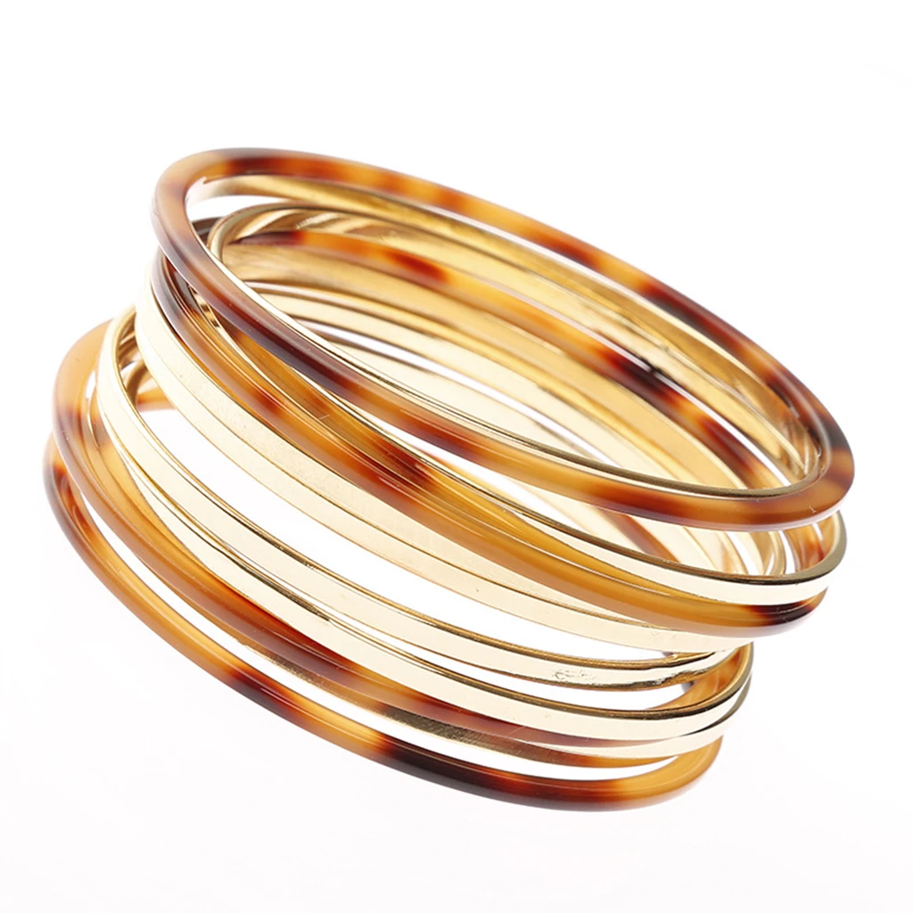 

12Pcs/Set Round Bangle Acetate Resin Metal Ring Bracelet Women Jewelry Charms Multi-layer Decoration Lady Acrylic
