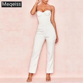 

2019 New Celebrity Runway Jumpsuit Women Sexy White Spaghetti Strap Sleeveless Long Rompers Jumpsuit Sexy club Bodycon Bodysuit