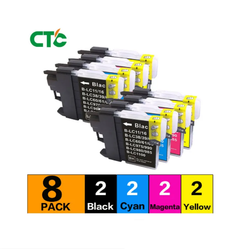 8 LC11 LC16 LC38 LC61 LC65 LC67 LC980 LC990 LC1100 cartucho de tinta Compatible para hermano DCP-145C 165C 185C 195C 197C 365CN |