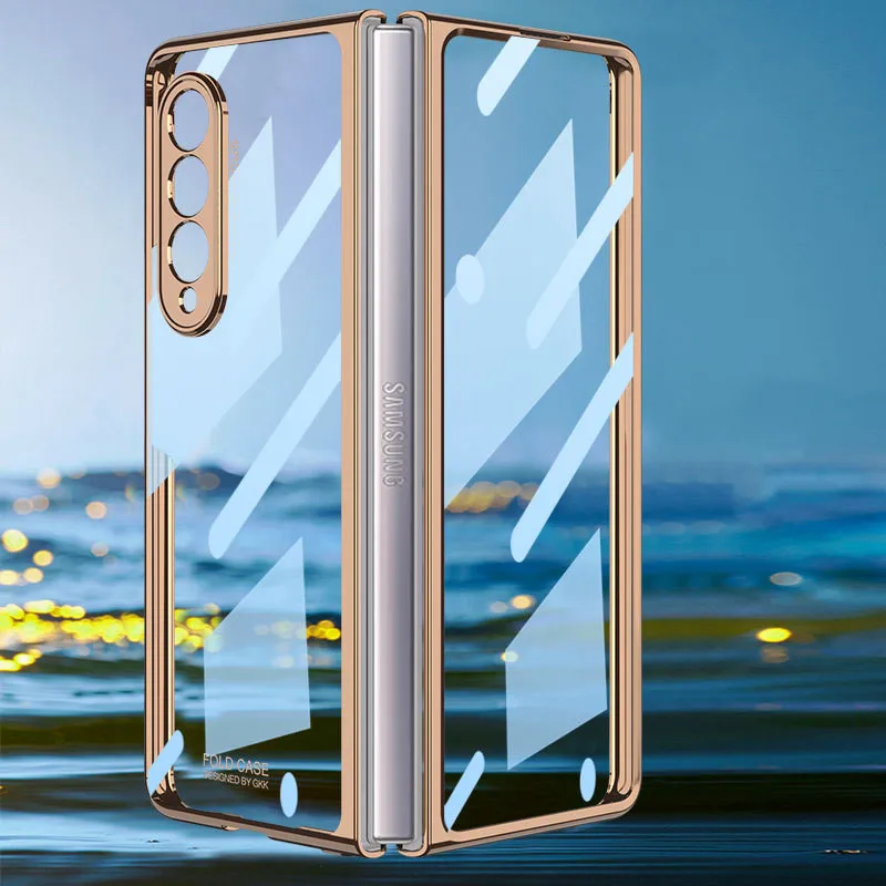 kawaii samsung cases Front Tempered Glass Transparent Case for Samsung galaxy Z Fold 3 5G Cover Plating Frame Hard Clear S Pen Slot Holder Back Case best case for samsung Cases For Samsung