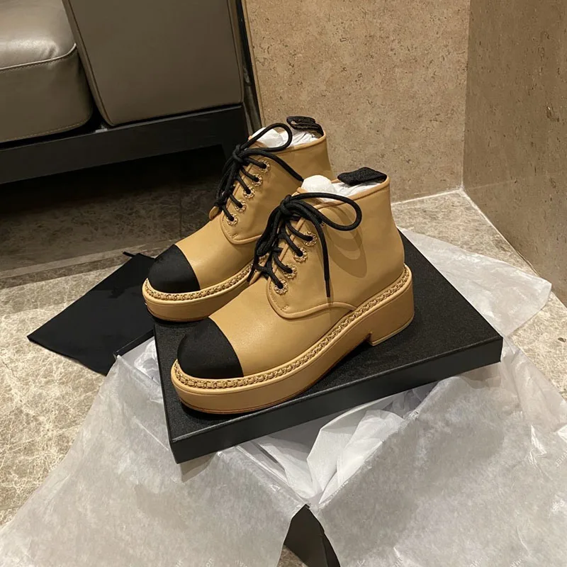 

Prowow Genuine Leather Round Toe Lace Up Ankle Boots Chain Trimmed Lace Up Winter Boots Zapatos Mujer Platform Boots