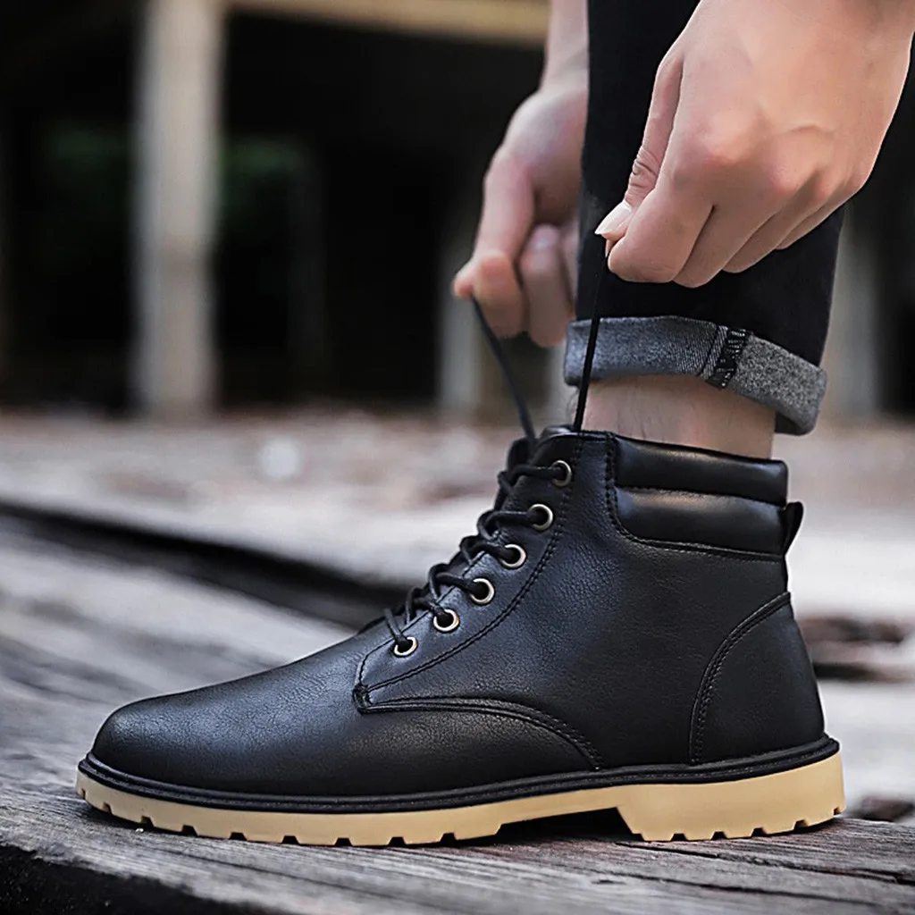 Low-heel Lace-up Men's Casual Lace Up Warm Ankle Motorcycle Boots Round Toe Outdoor Leather Male Student Shoes Zapatos De Hombre