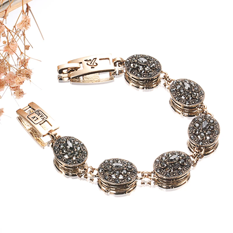 Charm Bracelet Boho Women Link Antique Gold Color Gray Crystal Ethnic Wedding Bridal Vintage Russia Accessories