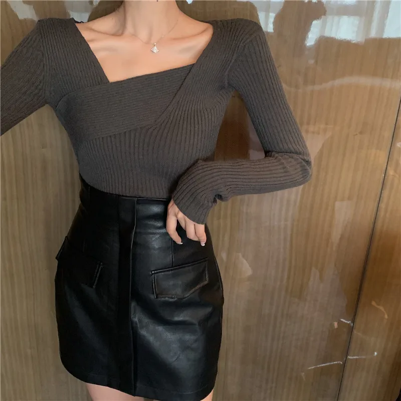 2019 Fall and Winter Korea Fashion Women Slim Elastic Solid Color Criss-Cross Sweater Pullover A647 | Женская одежда