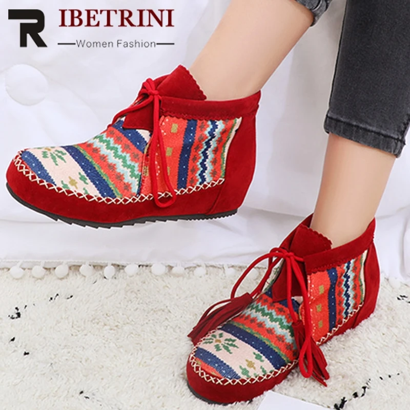 

RIBETRINI Brand New Big Size 34-43 Bohemia Style Booties Fringe Height Increasing Women Shoes Woman Casual Autumn Spring Boots