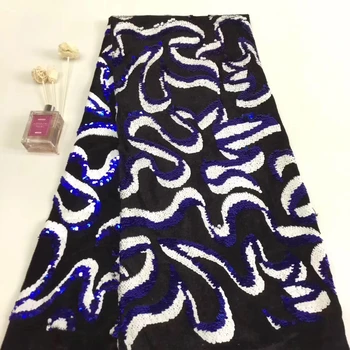 

African Lace Fabric 2019 French Sequins Net Lace Blue Sequins Fabrics High Quality African Black Tulle Sequins Lace Fabric T3115