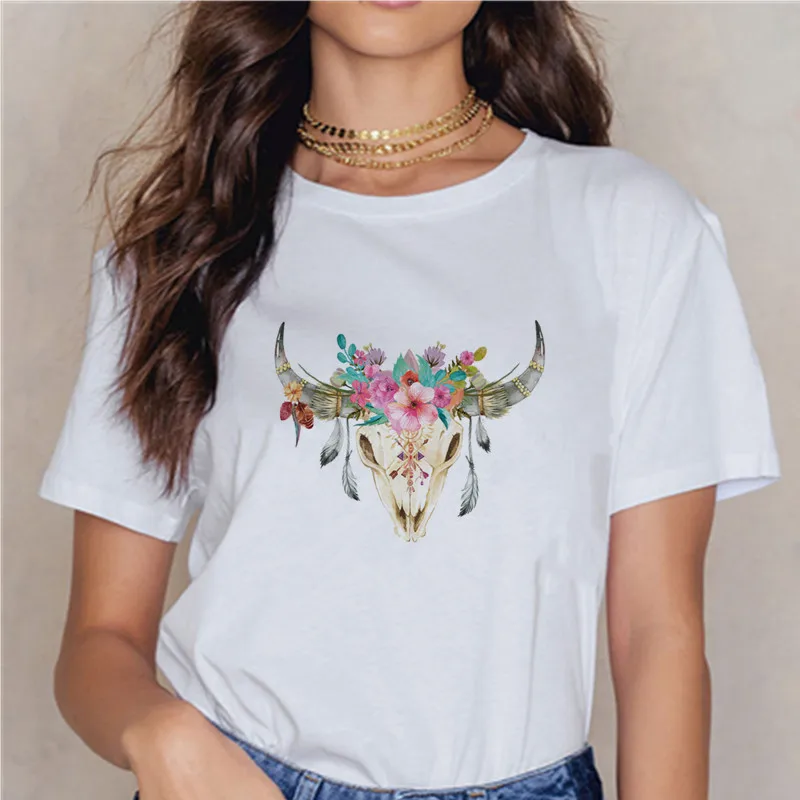

Women's Indian style Flowers Feather Sheep skull printed T-shirt fashion Europe style Harajuku T-shirt streetwear T-shirt women
