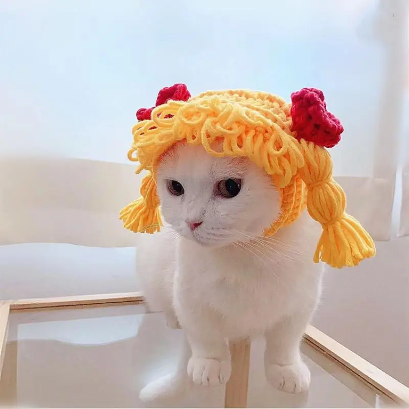PQIQP Winter Dog Hat Knit Fluffy Cat Cap Warm Pet Head Wear with Long Braid Puppy’s Head Accessories M