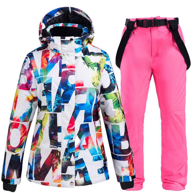 30 warm Women's Snow Wear winter Outdoor sports Snowboarding Suit sets Waterproof windproof outfit ski jacket+ bibs Snow pant - Цвет: picture jacket pant