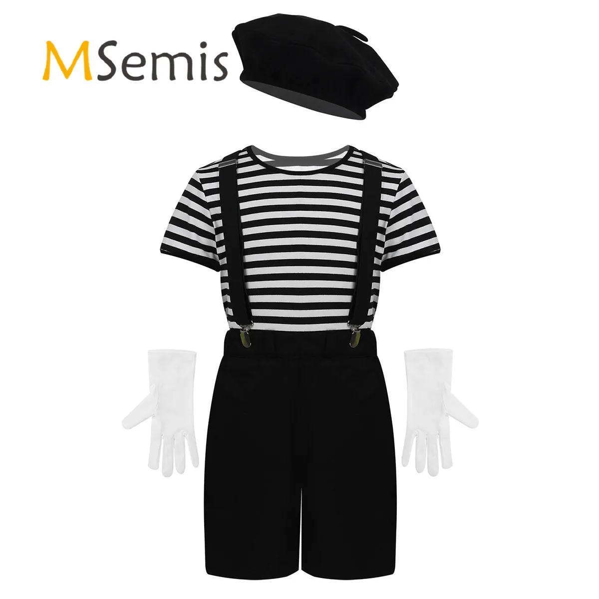 Kids Boys Girls French Mime Artist Fancy Cosplay Costume Roleplay Outfit Striped T-Shirt Tops with Beret Gloves Suspenders Set |