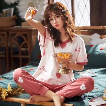 

Casual 100%cotton Pajamas Sets Spring Thin Short Sleeve Sleepwear 10 Colors Print Lovely Nightwear V-neck Trousers Pajama Sets