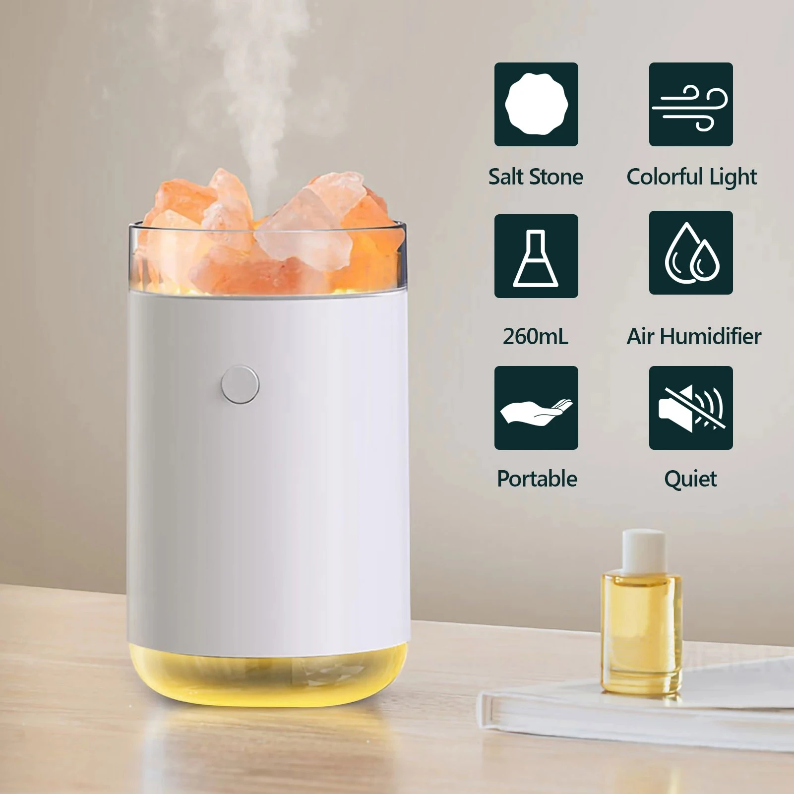 Crystal Salt Stone Humidifier Colorful Light Mist Portable Quiet Usb
