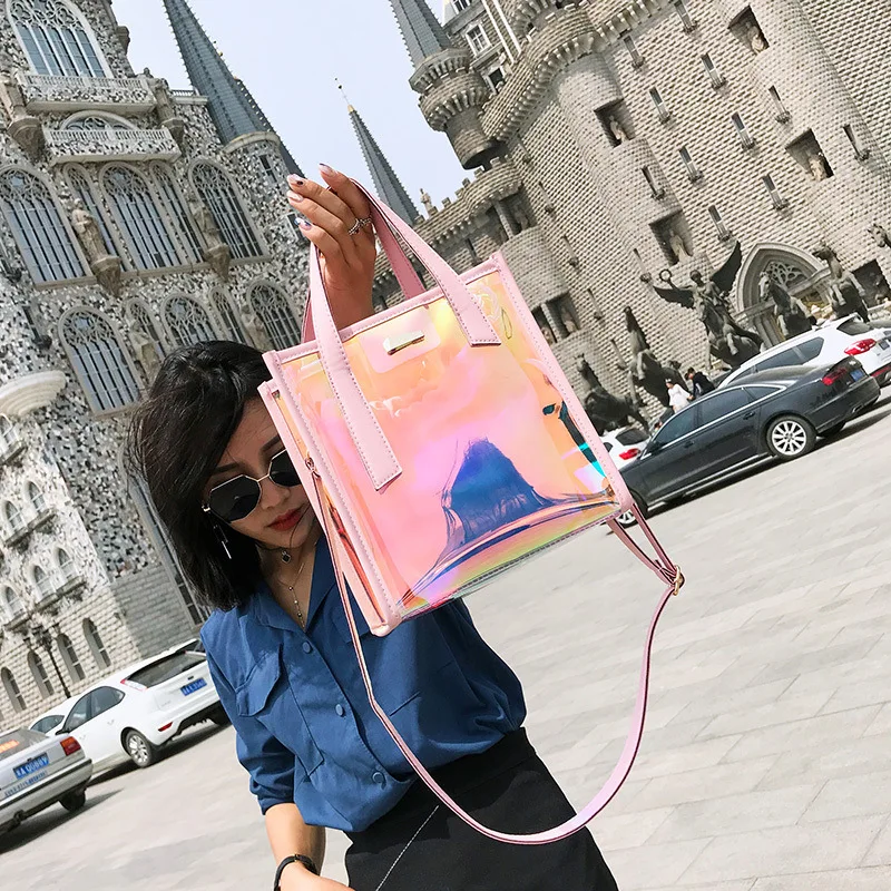 

Laser Bag Contrast Color Transparent WOMEN'S Bag Shoulder Picture Shoulder Different Angles Color Changeable Korean-style Fashio