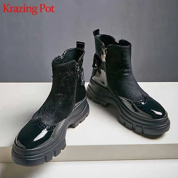 

krazing pot winter cow leather horsehair platform zipper round toe thick bottom warm brand oxfords block shoes ankle boots l05