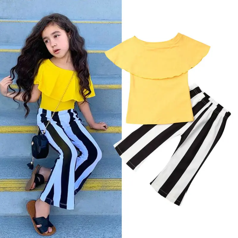 

2PCS Summer Clothes Ifant Toddler Kids Baby Girls Ruffle Tops Pants Stripe Casual Outfit Clothes Set