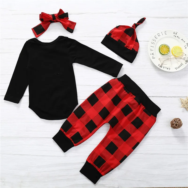 4pcs Autumn Children Baby Boy Cotton Red Black Plaid Cool Little Man Clothing Set Infantial Long Pants Baby Spring Clothes Set