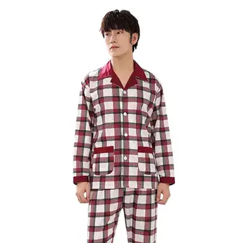 

2pcs Autumn Winter Cotton Pajama Set Delicate Design Cardigan Men Superb Craftsmanship Long Sleeve Casual Home Wear