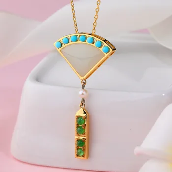 

of natural jade temperament cold wind gold-plated necklace, 925 silver inlaid green pine fan hetian jade pendant