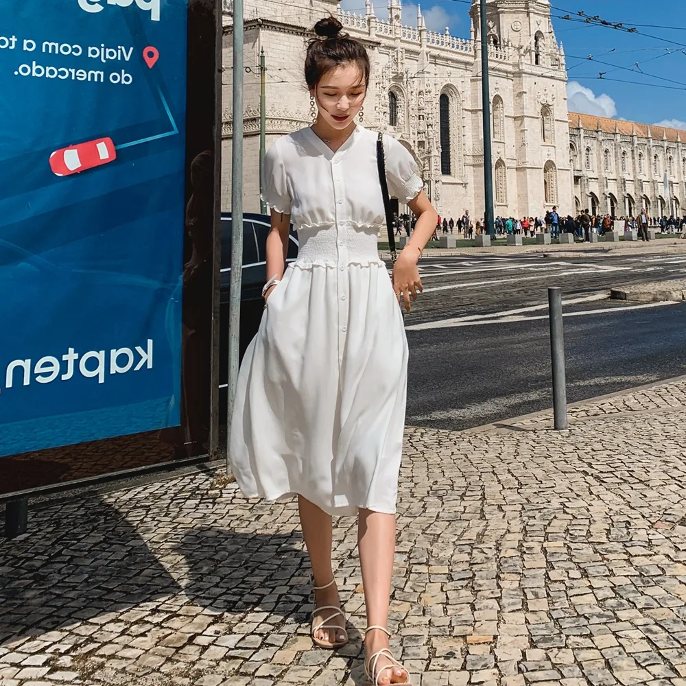 

France Non-mainstream White Fairy Skirt Women's 2019 Summer New Style French Retro CHIC-Style Waist Hugging Shirt Dress