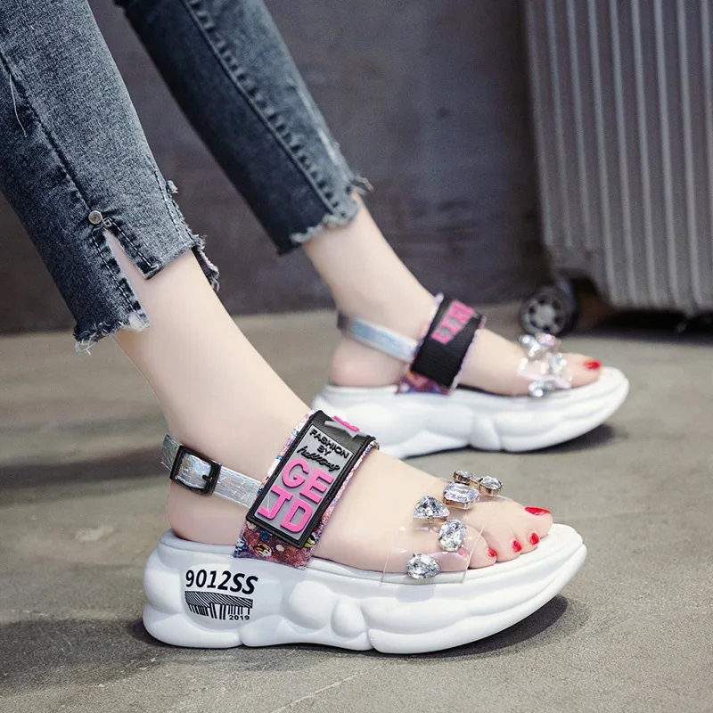 

Thick Bottom Muffin Sandals Woman 2019 Colour Rhinestone High With Toe Shoes