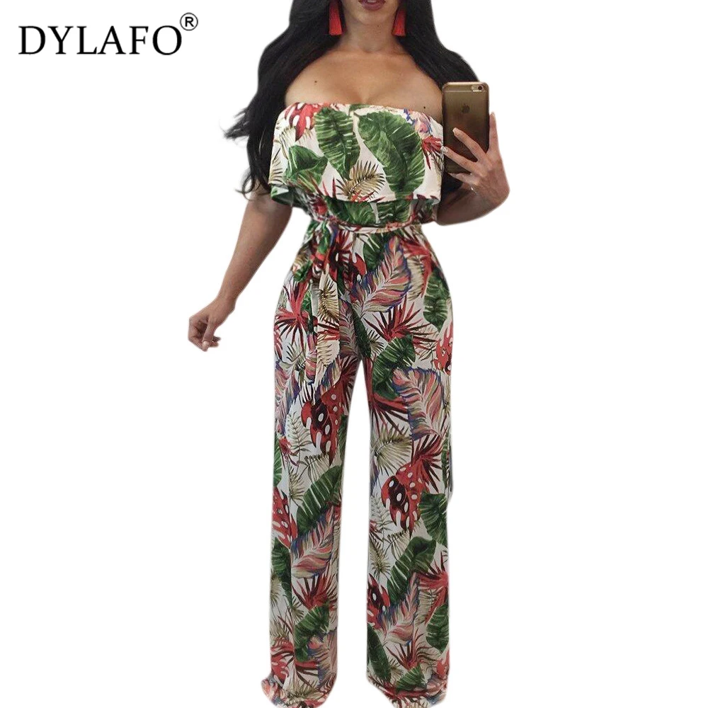USA Women Off Shoulder Bohemian Palm Beach Print With Sashes Jumpsuit Rompers J
