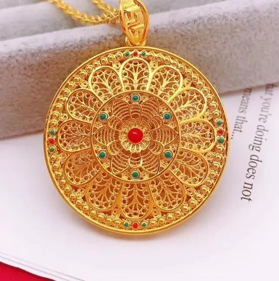 pendant no chain OMHXFC YM424 Европейская мода изящная женская и мужская вечеринка день рождения свадебный подарок винтажный круглый цветок 24 К золотой кулон Шарм - Цвет камня: pendant no chain