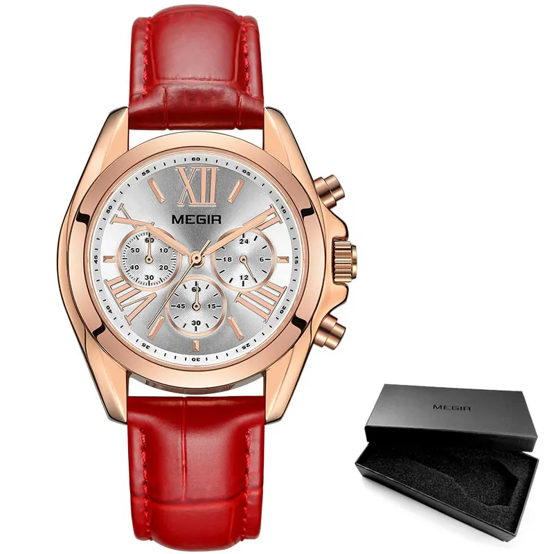 ML2114L-Red MEGIR2019, новинка, роскошные женские часы с кожаным ремешком, Лидирующий бренд, хронограф, кварцевые наручные часы, женские часы, женские часы, 2114 белый цвет - Цвет: ML2114L-Red