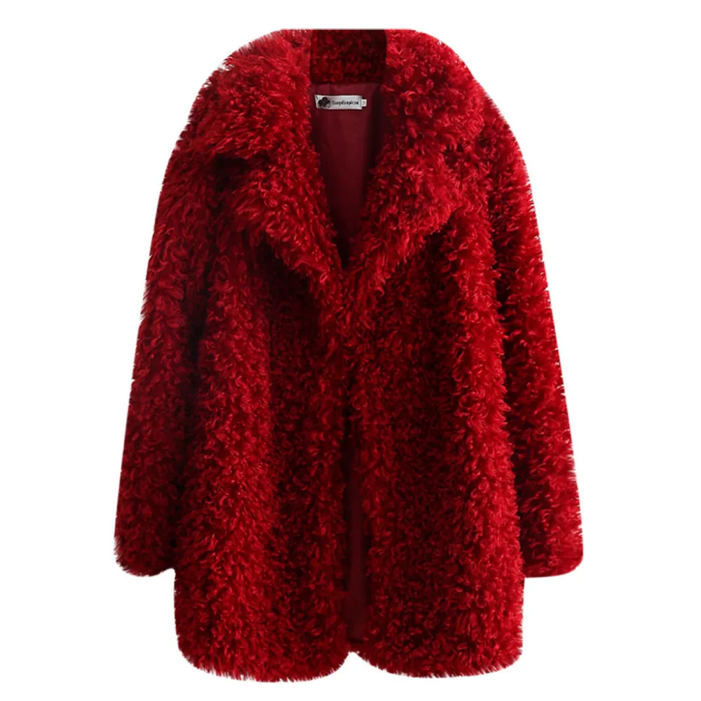 DOUDOULU, модное мохнатое Женское пальто из искусственного меха, Круглый шерстяной свободный длинный рукав, отложной воротник, теплое, плюс размер, женские плюшевые пальто# SS