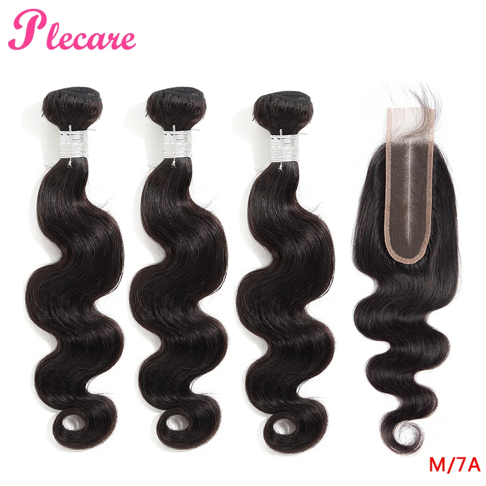 

Plecare Bundles With Closure Brazilian Hair Weave Bundles Body Wave Human Hair Natural Color Middle Ratio 8-30 Inch Non-remy