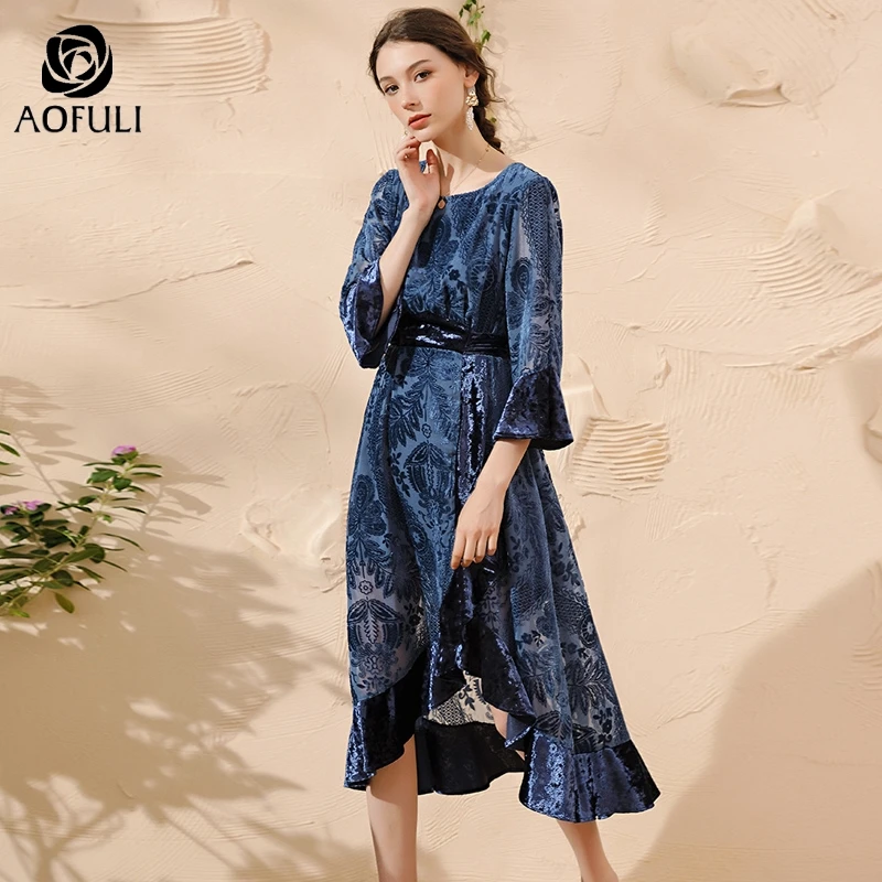 L~ 4XL 5XL синее рельефное цветочное вельветовое платье в виде раструба новинка осень плюс размер 3/4 рукав гофрированное платье с поясом AOFULI A4116