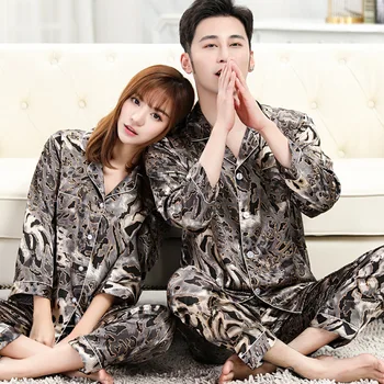 

Korean-style Couples Pajamas Women's Spring And Autumn Long Sleeve Viscose Thin Large Size Men Tracksuit Leopord Pattern Silk Se