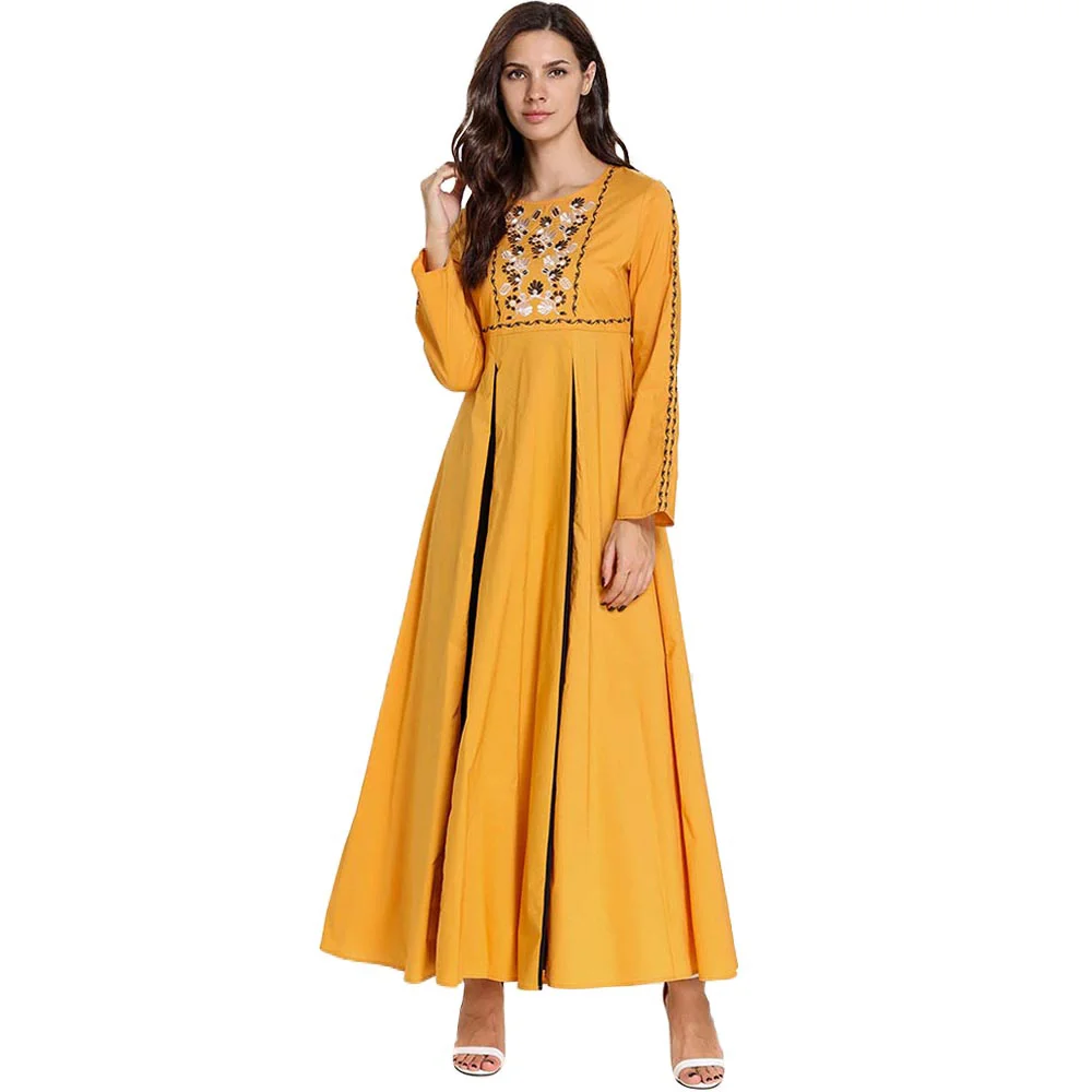 Yellow dress Siskakia/платье с длинным рукавом, зеленое, с цветочной вышивкой, повседневное, складное, большое, свободное, платья для женщин, мусульманские, вечерние, Robe Femme, хлопок - Цвет: Yellow dress
