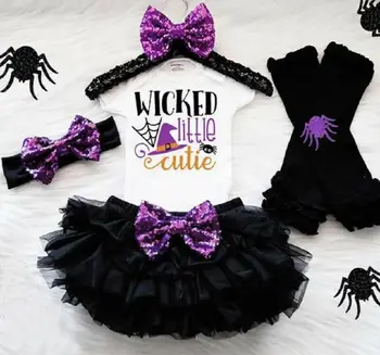 

4PCS toddler girl fall clothes Halloween Print Romper Tops Solid Tutu Skirt Leg Warm Headband Set roupas infantil menina winter