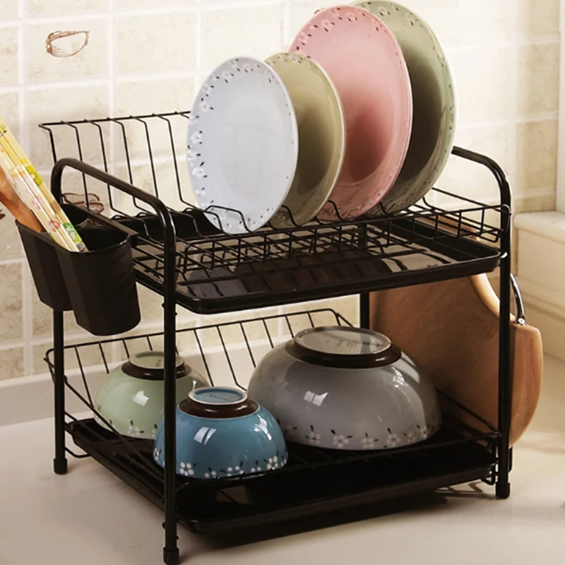 

2-Tier Iron Kitchen Dish Storage Drain Rack Set Free Punching Organizer Tool Plate Bowl Spoon Storage Frame Steel Storage Basket