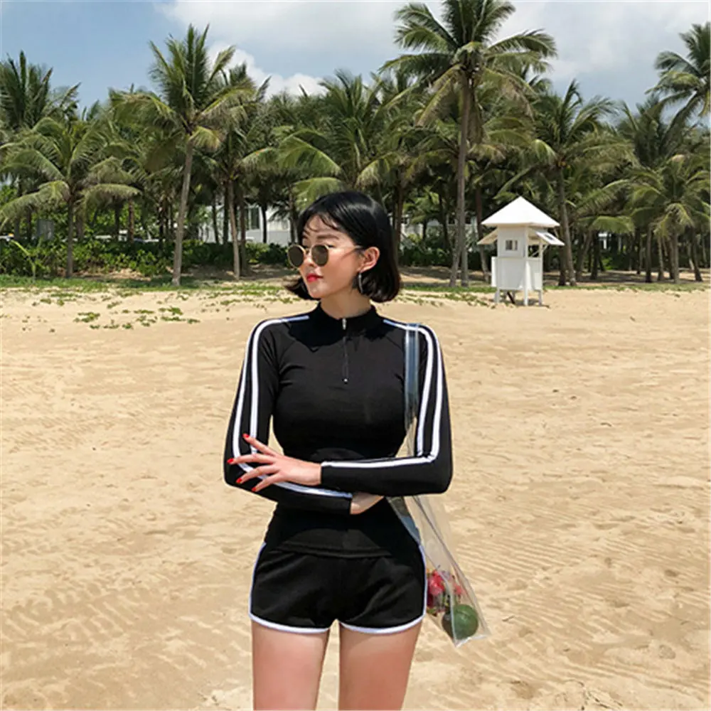 Long Sleeve Two Piece Rash Guard Women Solid Swimwear Zipper Tankini Shorts Surfing Suit Striped Dive Suit Push Up Swimsuit Pad