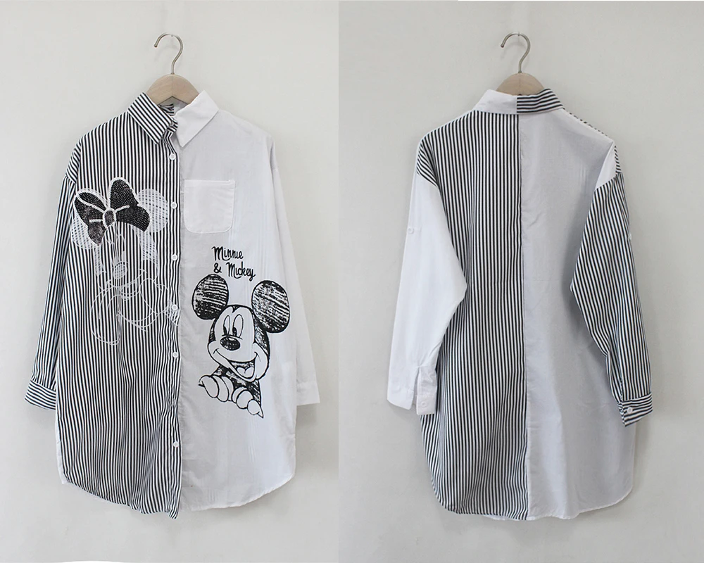 Mickey Mouse Blouses Women Shirt Chemise Femme Cartoon Long Sleeve Blusas Casual Loose Fashion Striped Stitching Shirts Female