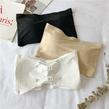 

Women Ice Silk Seamless Solid Tube Tops Strapless Removable Padded Bandeau Hollow Cross Back Hook Eye Wrapped Bralette F Rk #E