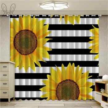

Stylish Black White Striped Sunflower Window Curtains For Living Room Summer Bedroom Blackout Curtain Ultra-thin Micro Shading